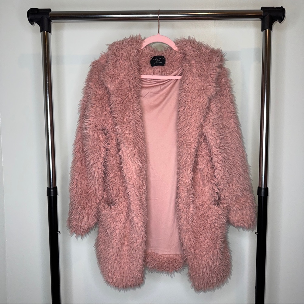 Love Tree Pink Faux Fur Hooded Coat
